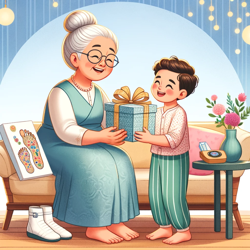 Dall e 2024 01 21 15 07 44 a heartwarming image depicting a young child presenting a gift to their grandmother with a theme of foot reflexology the scene should be set in a ho